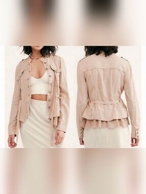 FREE PEOPLE Linen Steampunk Military Marching Band Lace Ruffle Jacket Boho S